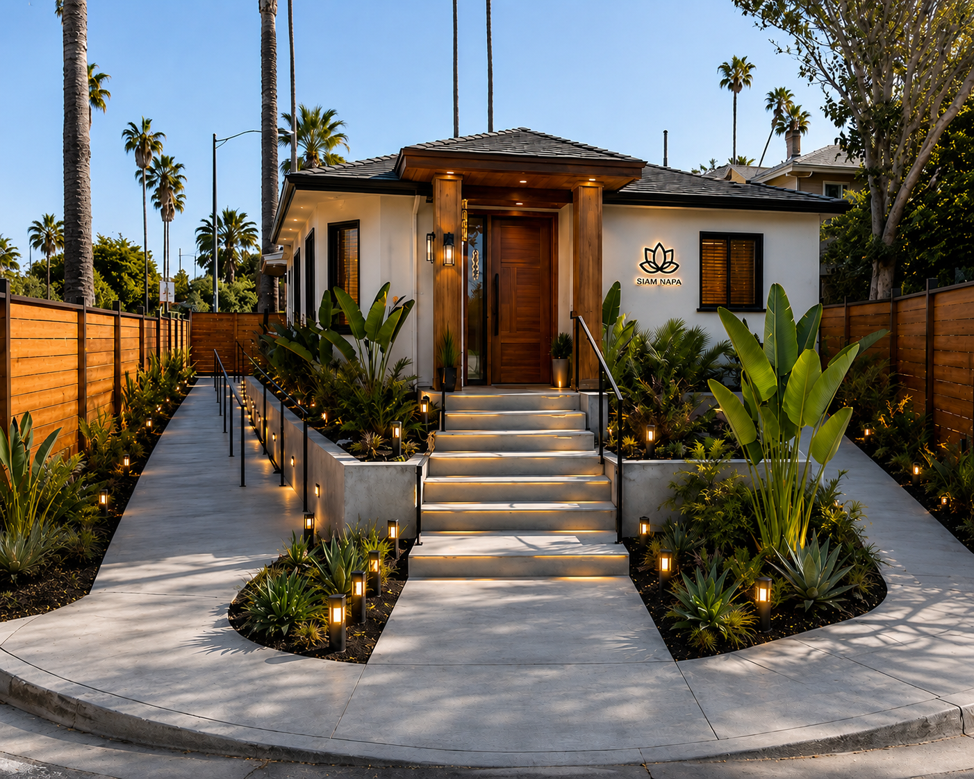 The Siam Napa Thai Massage sanctuary entrance, framed by palms and warm pathway lighting